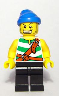 LEGO Minifigure-Pirate Green / White Stripes, Black Legs, Blue Bandana, White Teeth with Gold Tooth-Pirates / Pirates II-PI131-Creative Brick Builders